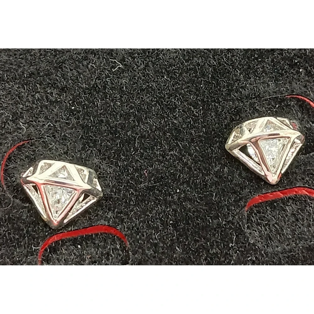 Vintage‎ 90s Silver Tone Geometric Diamond Cage Stud Earrings Clear Stone New